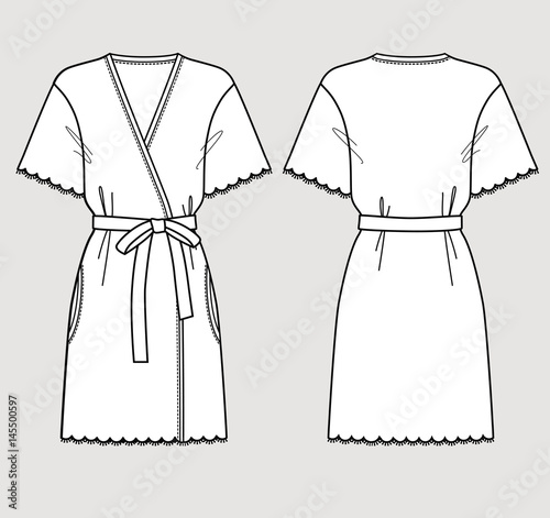 White bathrobe for women. Vector illustration. Front and back views.