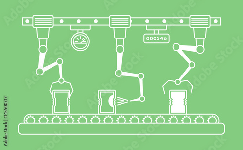 Thin line style assembly line. Automatic production conveyor. Robotic industry concept. Vector illustration.