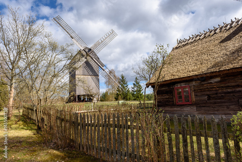 Old wooden windmill in Kashubian Ethnographic Park in Wdzydze Kiszewskie. Poland.