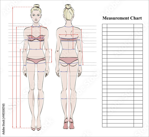 Woman body measurement chart. Scheme for measurement human body for sewing clothes. Female figure: front and back views. Template for dieting, fitness. Vector.