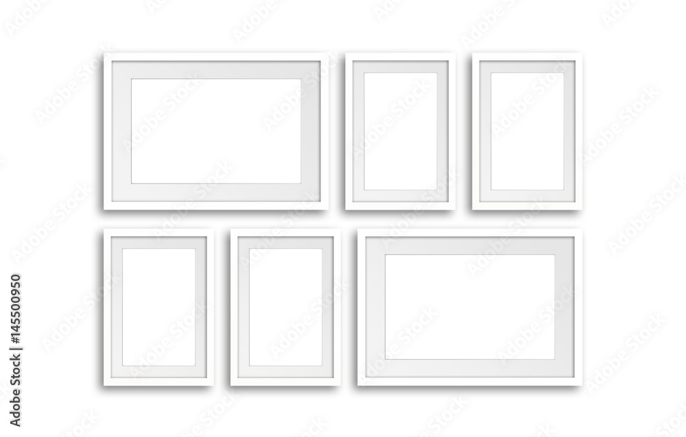 Six white frames set mock up. Interior decor wallpaper Six white frames set mock up. Interior decor wallpaper