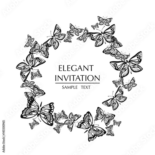Vector round frame with butterflies. Decorative circle with butterflies and text.