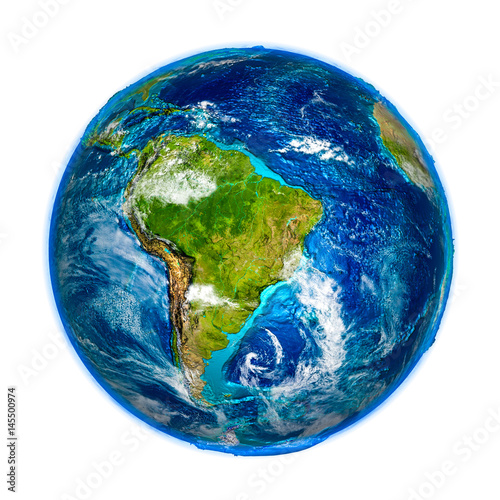 South America on detailed model of Earth