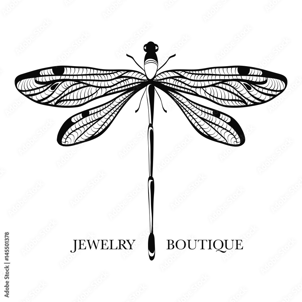 Vector logotype for jewelry boutique, store, shop. Elegant dragonfly silhouette at white background. Outline of dragonfly. Can be used for postcard, print, logo, poster, label. 