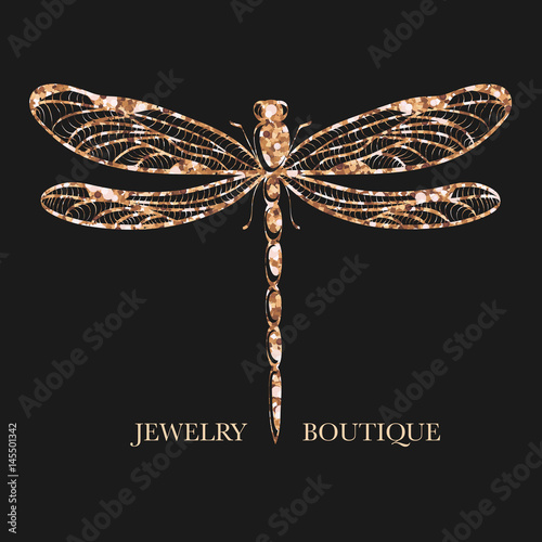 Vector logotype for jewelry boutique, store, shop. Elegant glittering dragonfly silhouette at black background. Outline of dragonfly. Can be used for postcard, print, logo, poster, label.