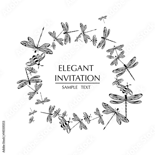 Vector round frame with dragonflies. Decorative circle with dragonflies and text.