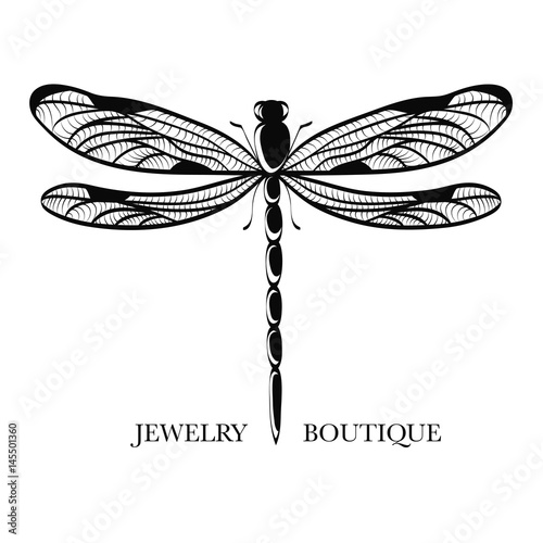 Vector logotype for jewelry boutique, store, shop. Elegant dragonfly silhouette at white background. Outline of dragonfly. Can be used for postcard, print, logo, poster, label. 