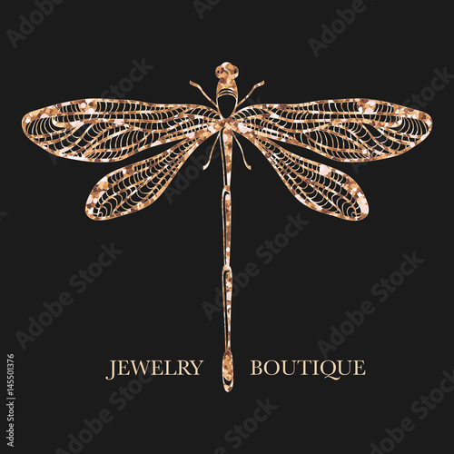 Vector logotype for jewelry boutique, store, shop. Elegant glittering dragonfly silhouette at black background. Outline of dragonfly. Can be used for postcard, print, logo, poster, label.