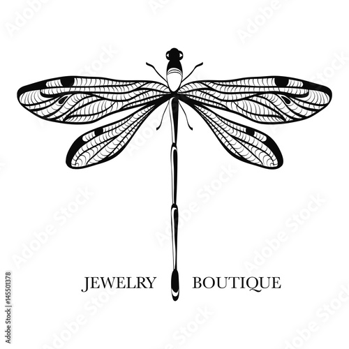 Vector logotype for jewelry boutique, store, shop. Elegant dragonfly silhouette at white background. Outline of dragonfly. Can be used for postcard, print, logo, poster, label. 