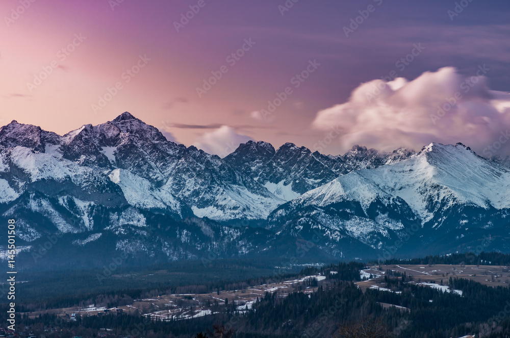 Morning panorama of  snowyTatra Mountains, Poland