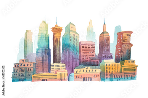 Photography Watercolor drawing evening city at sunset cityscape aquarelle painting