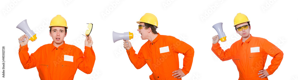 Builder with loudspeaker isolated on white Builder with loudspeaker isolated on white
