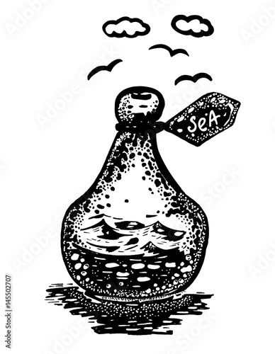 Vector ink illustration. Bottle with sea inside.