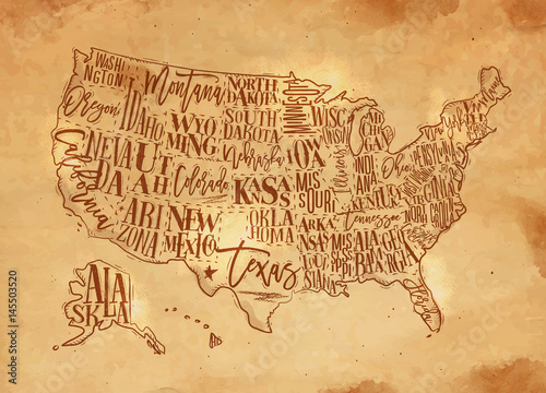 Map USA vintage chalk yellow