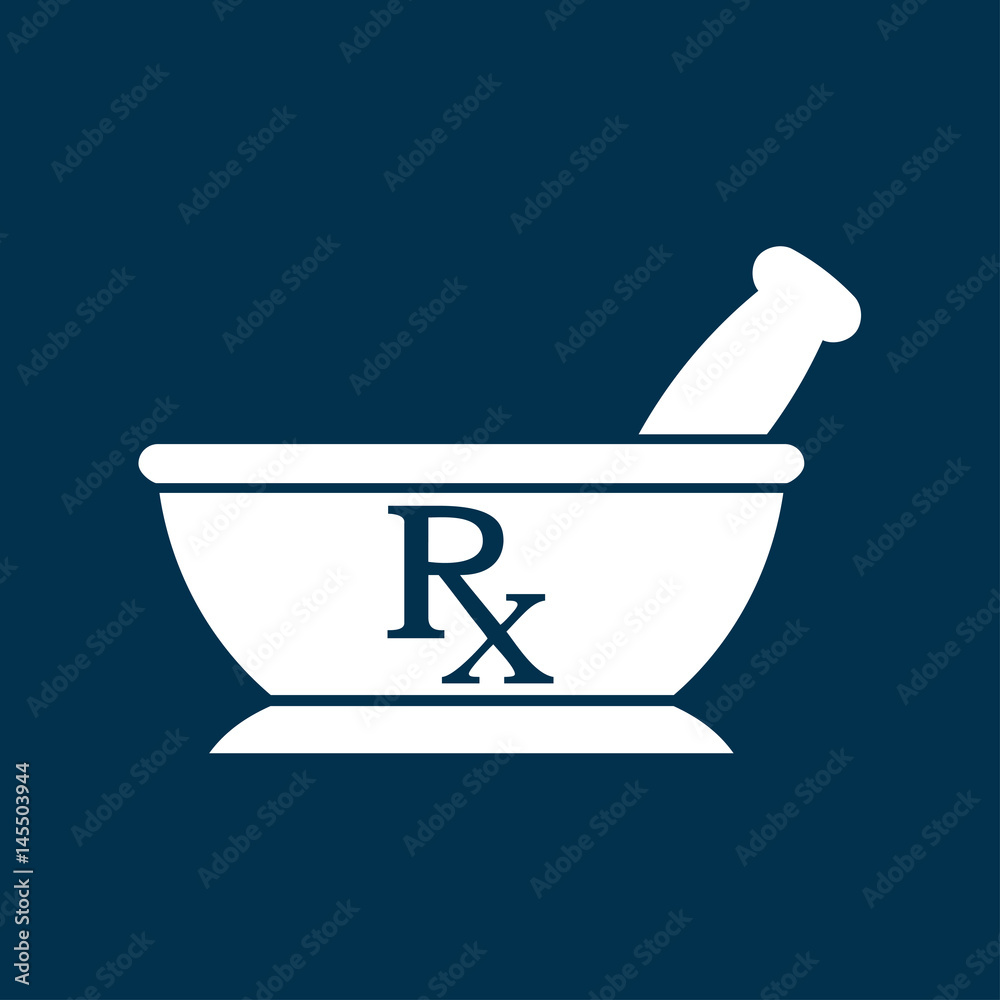 Icono plano mortero con RX blanco en fondo azul oscuro Icono plano mortero con RX blanco en fondo azul oscuro