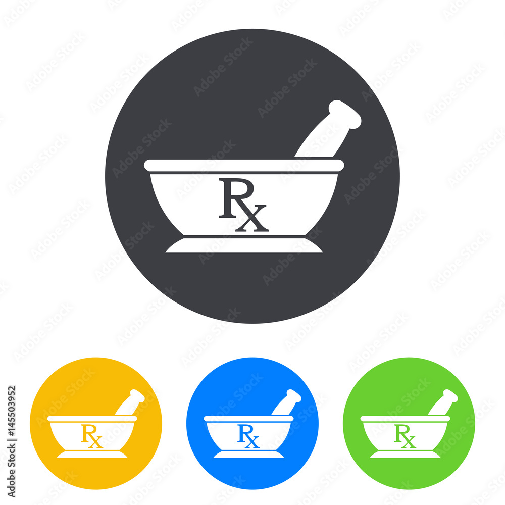 Icono plano mortero con RX en circulo varios colores Icono plano mortero con RX en circulo varios colores