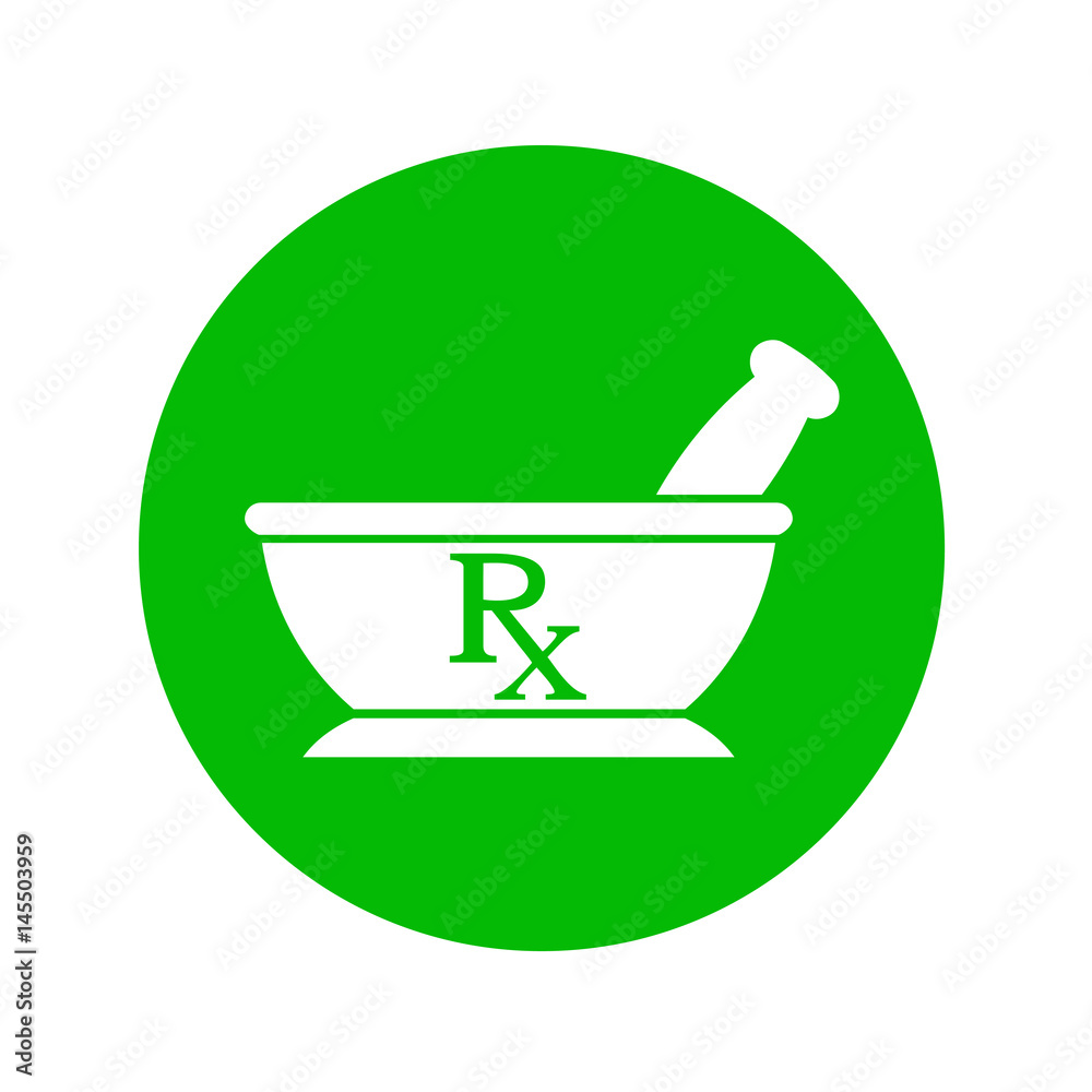 Icono plano mortero con RX en circulo verde Icono plano mortero con RX en circulo verde