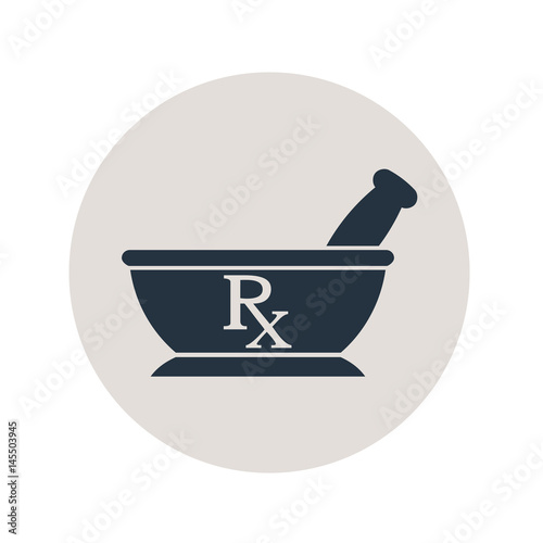 Icono plano mortero con RX en circulo gris