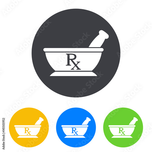 Icono plano mortero con RX en circulo varios colores