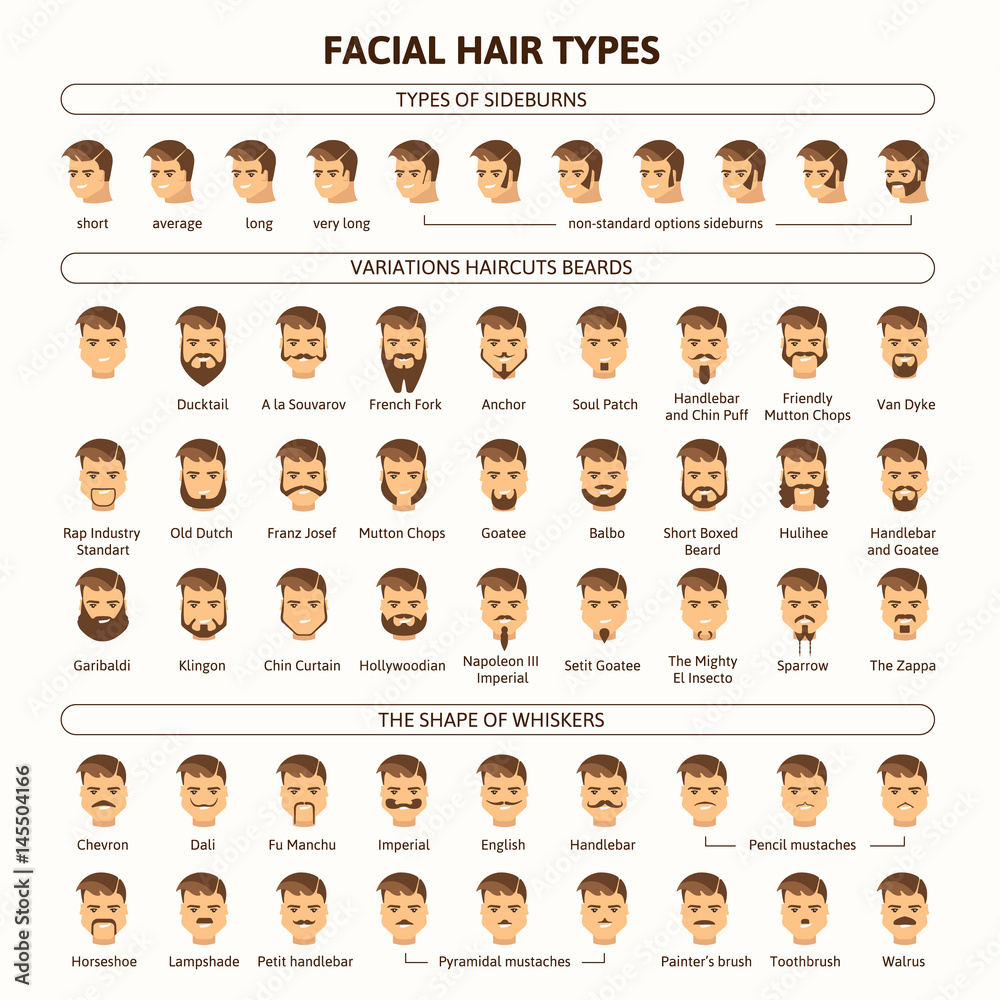 Facial hair types. Variations haircuts beards, types of sideburns, the
