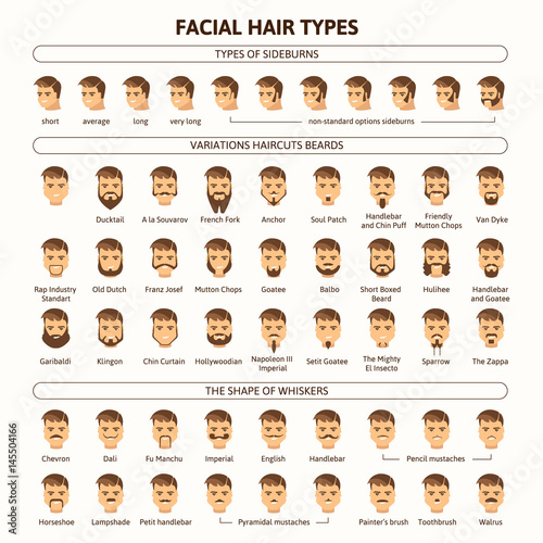 Facial hair types. Variations haircuts beards, types of sideburns, the shape of whiskers. Big set of flat icons. Vector illustration in modern style. photo