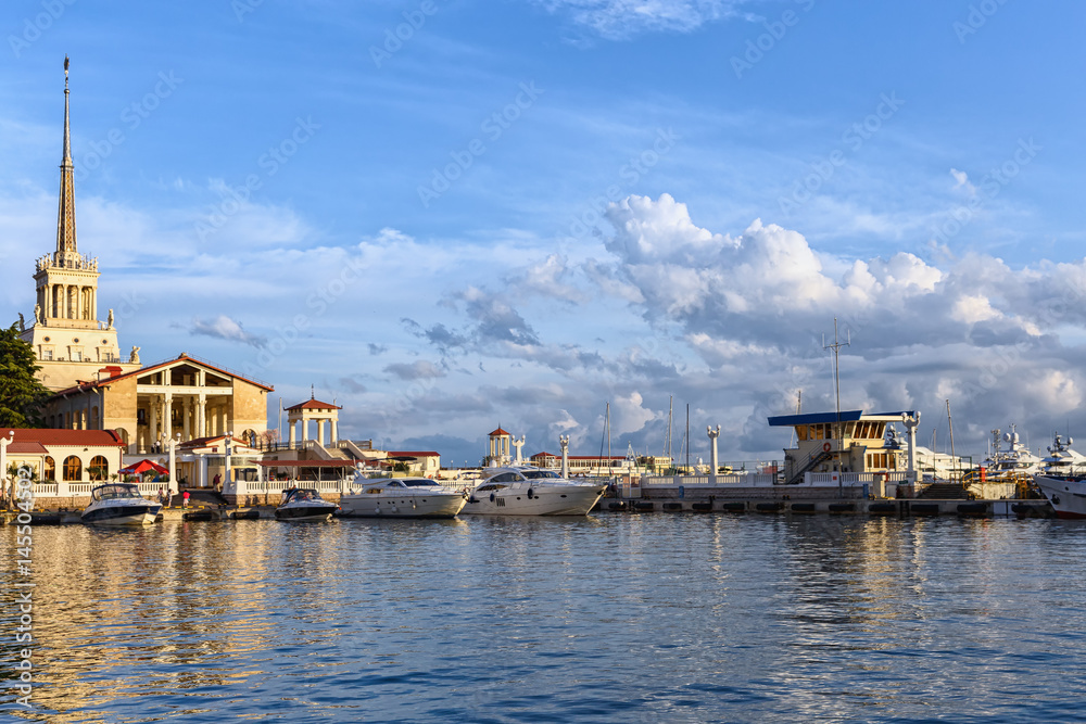 sea port of Sochi in the setting sun of the summer a warm evening