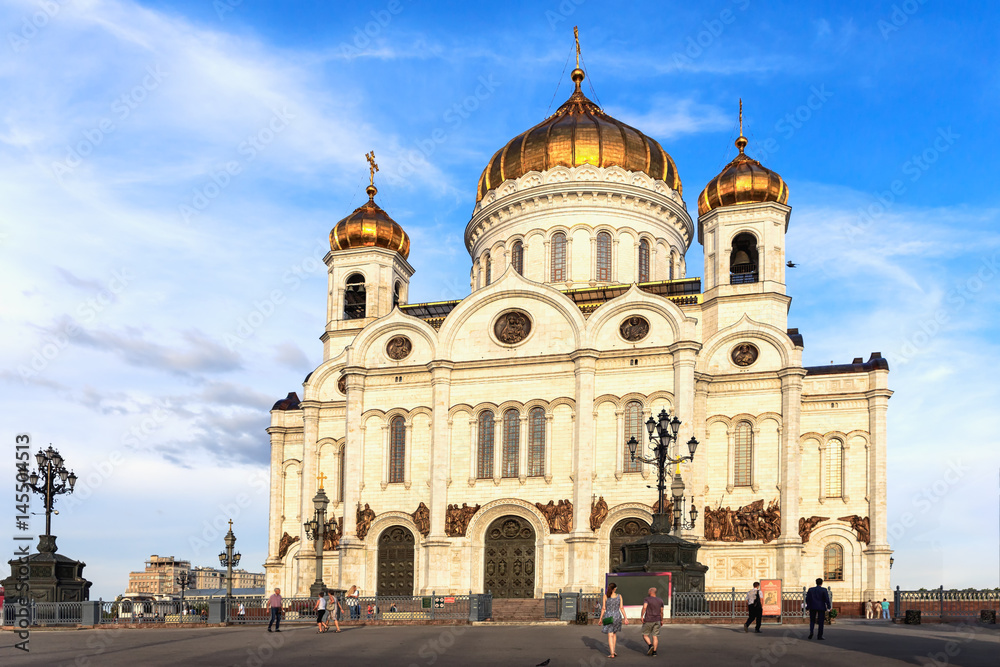View close-up of the most famous and beautiful Temple of Christ the Savior on blue sky background