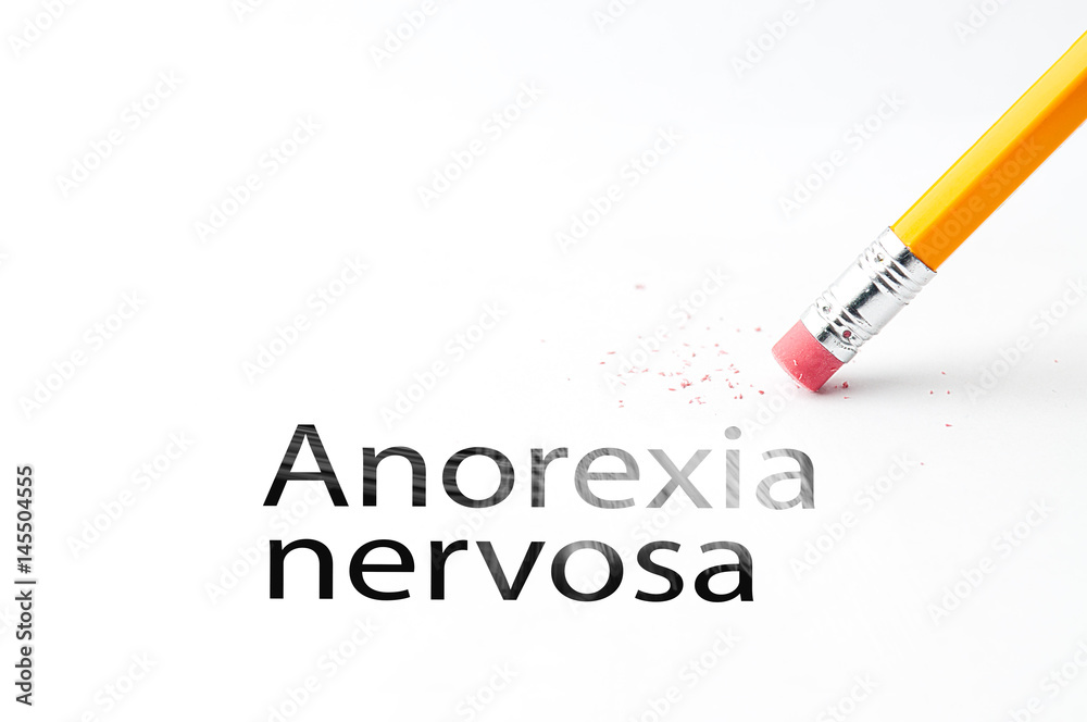 Closeup of pencil eraser and black anorexia nervosa text. Anorexia nervosa. Pencil with eraser. Closeup of pencil eraser and black anorexia nervosa text. Anorexia nervosa. Pencil with eraser.