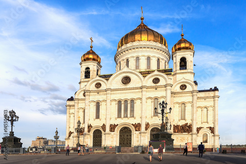 View close-up of the most famous and beautiful Temple of Christ the Savior on blue sky background
