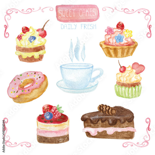 Watercolor sweet cakes set with cap