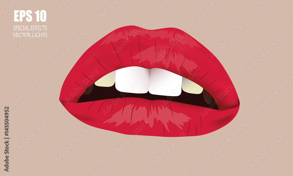 The woman's lips. Open mouth, white teeth and lush lips. At body background.