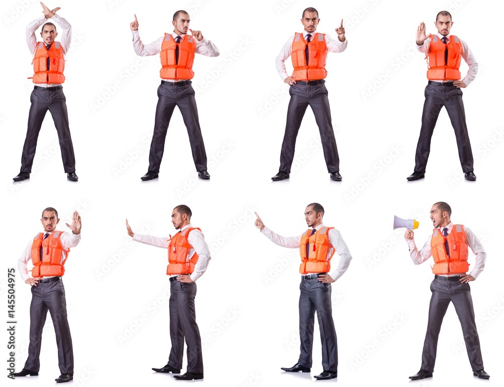 Obraz premium Businessman with rescue safety vest on white
