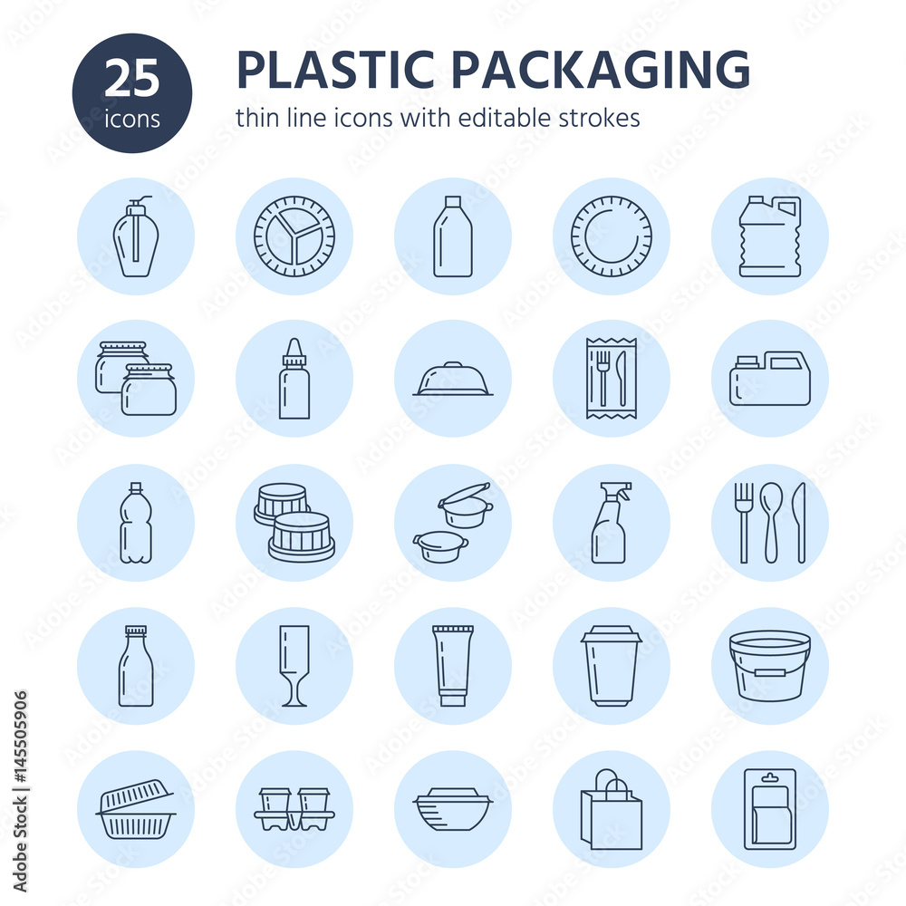 Plastic packaging, disposable tableware line icons. Product container, bottle, packet, canister, plate and cutlery. Packs thin linear signs in blue circle for shop, synthetic material good production. Plastic packaging, disposable tableware line icons. Product container, bottle, packet, canister, plate and cutlery. Packs thin linear signs in blue circle for shop, synthetic material good production.