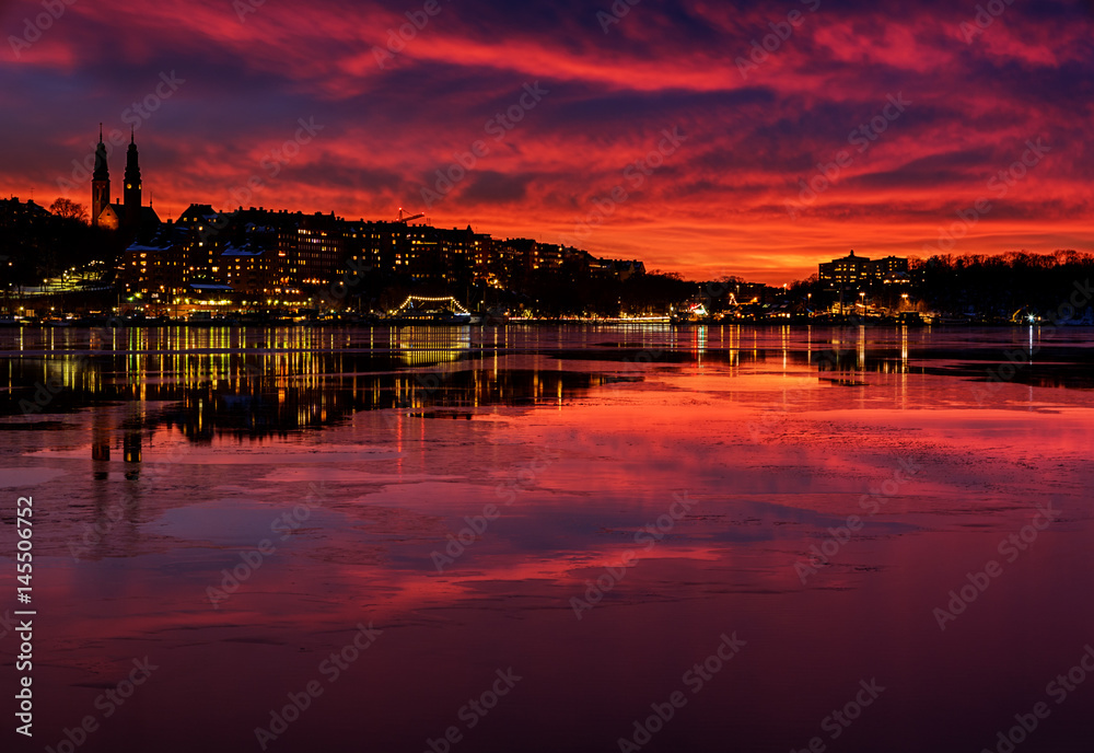 Amazing sunset over the city of Stockholm.