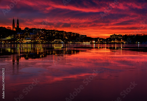 Amazing sunset over the city of Stockholm.