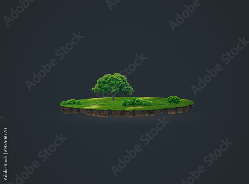 3d illustration of a soil slice, green meadow with trees isolated on dark background	