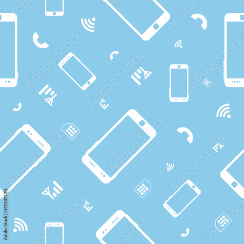 White contours of smartphones on a blue background. Seamless pattern.