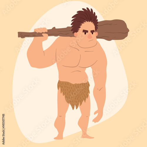 Caveman primitive stone age cartoon man neanderthal human character evolution vector illustration.