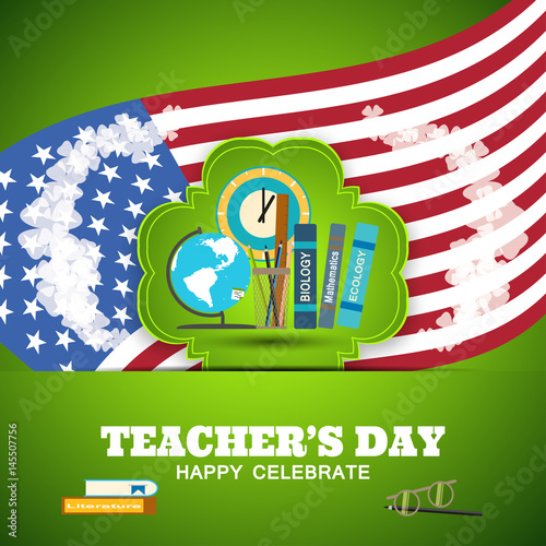 Vector paperart poster of Teacher's Day with green label, shadow and green paper ribbon on the gradient background with american flag.