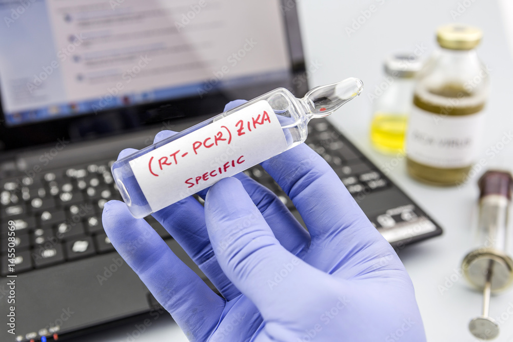 Scientist with blue latex gloves holds vials of ZIKA virus in laboratory for analysis Scientist with blue latex gloves holds vials of ZIKA virus in laboratory for analysis
