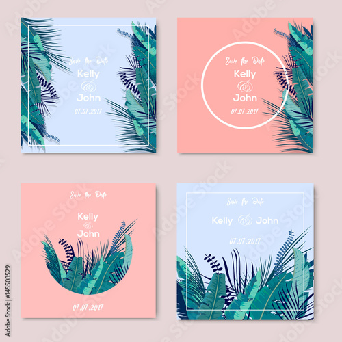 Collection of Wedding invintations with Trendy Summer Tropical Leaves. Vector Design. Cards template photo