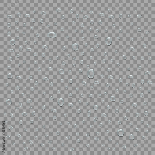 Vector set of realistic water drops on the transparent background.