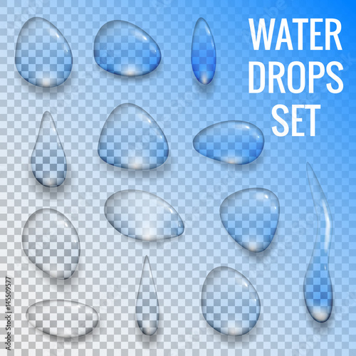 Realistic transparent drops of water with radiant reflections isolated objects