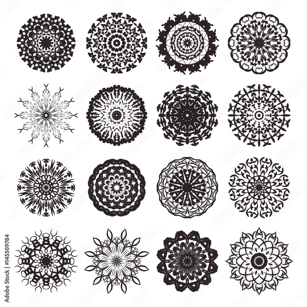 Vector set of isolated floral mandala on white background. Collection of round ornamental rangoli mandala for decoration. Ethnic elements for yoga logo, arabian or indian ornament for coloring. Vector set of isolated floral mandala on white background. Collection of round ornamental rangoli mandala for decoration. Ethnic elements for yoga logo, arabian or indian ornament for coloring.