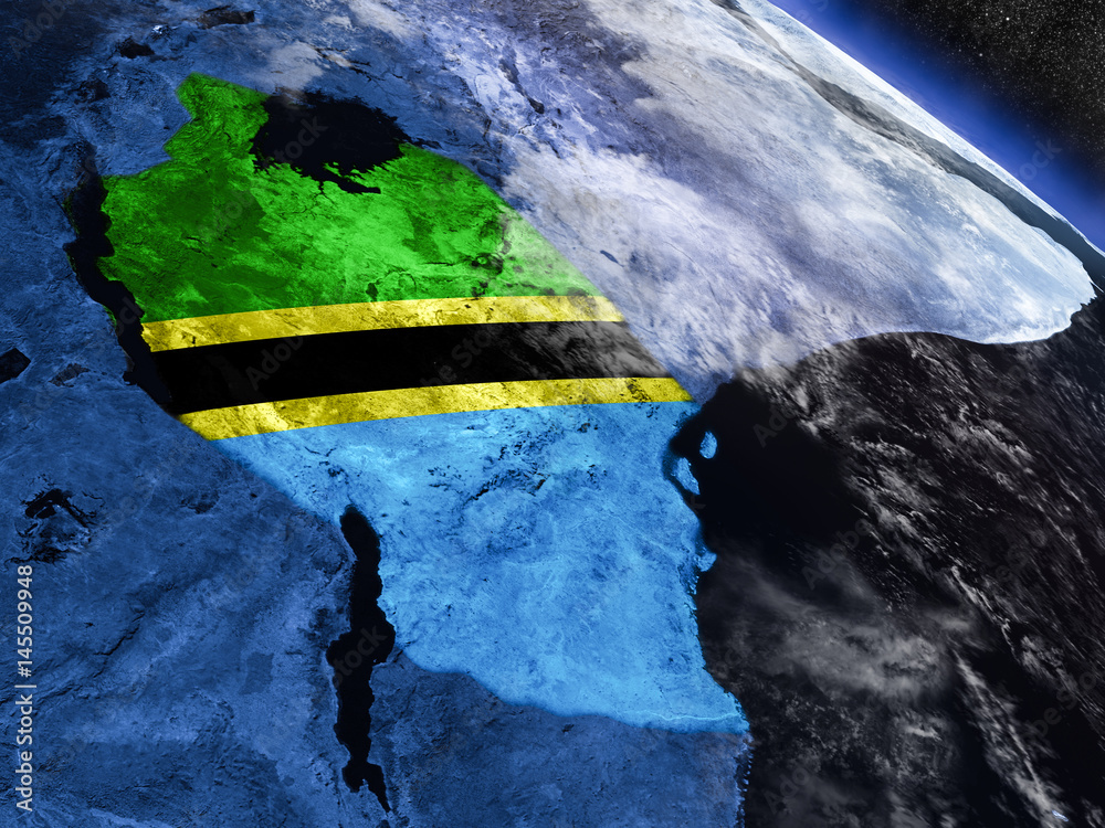 Fototapeta premium Tanzania with embedded flag from space