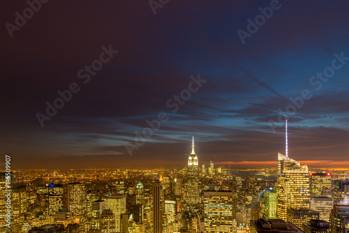 Night view of New York Manhattan during sunset