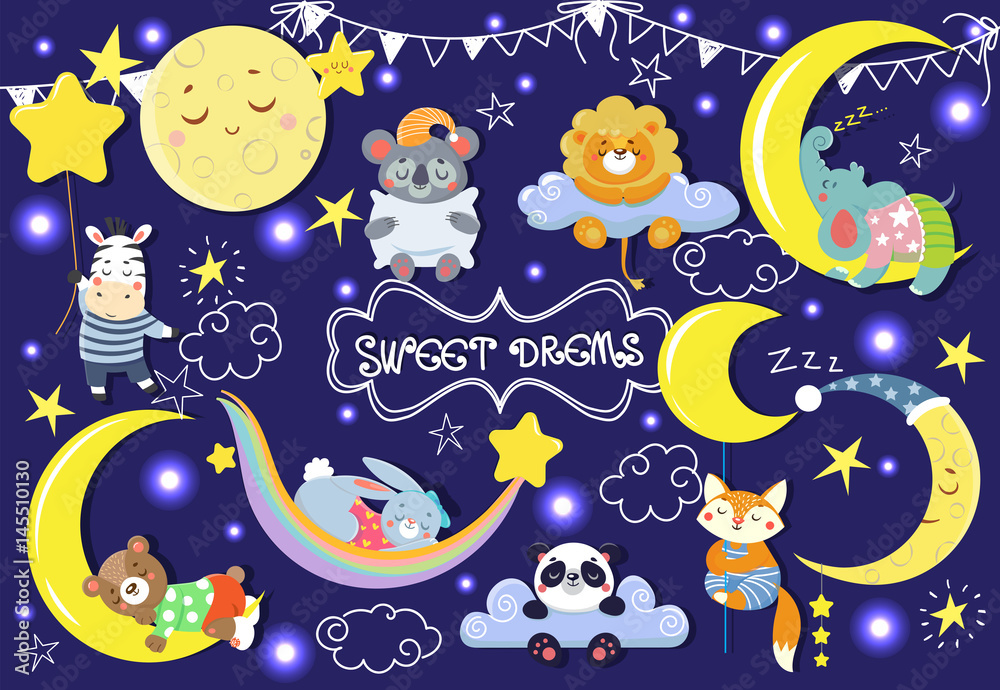 Collection with cute sleeping animals. Moons and stars. Vector illustration
