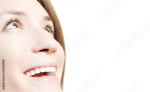 Young woman pefrect white teeth smile with copy space photo