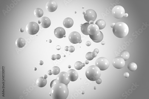 Group of abstract flying spheres on bright grey vigneting background
