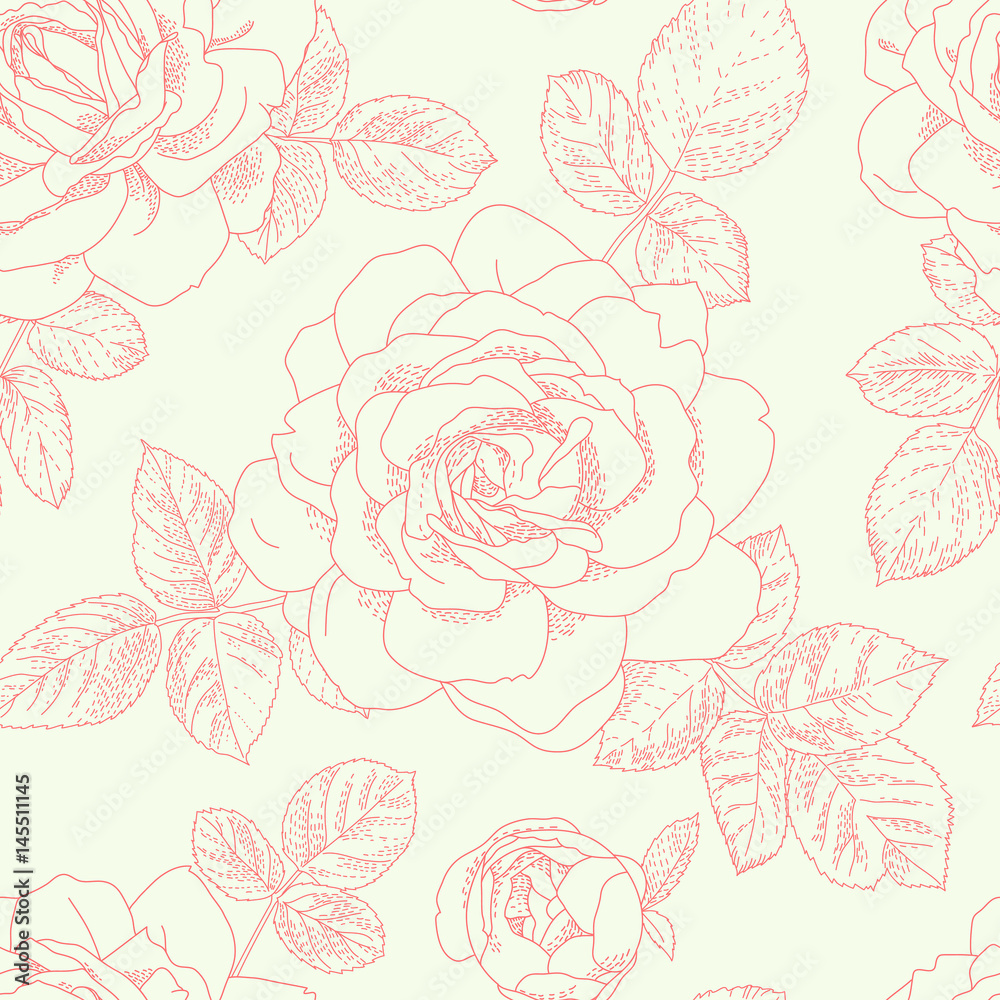Floral seamless pattern. Beautiful roses background. Retro style contour drawn illustration. Design may be used for wallpaper, textile, wrapping paper, invitation and greeting cards.